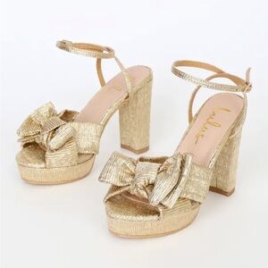 Lulu's Lisa Metallic Bow Platform Ankle Strap Gold Heels
